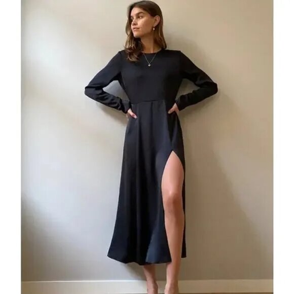 Aritzia Wilfred Evora Backless Long Sleeve Satin Dress Slit Black Size 6 - Picture 1 of 9